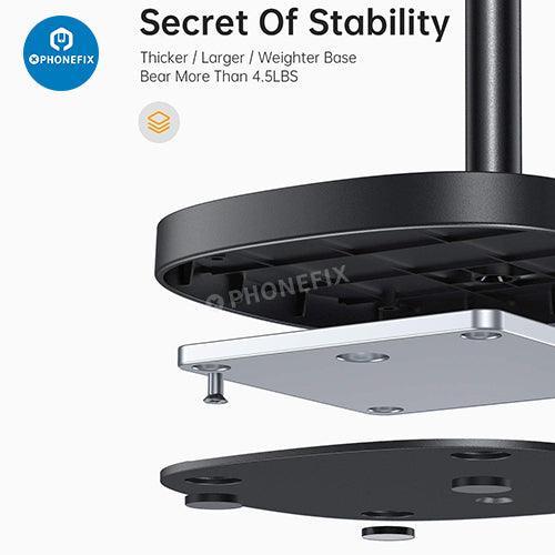 Blue PHONEFIX multi-function adjustable metal stand holder for phones and tablets, ideal for repair and viewing.