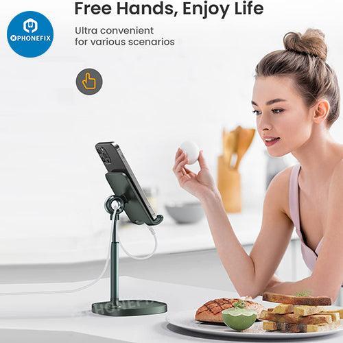 Blue PHONEFIX multi-function adjustable metal stand holder for phones and tablets, ideal for repair and hands-free use.