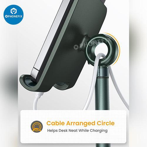 Blue PHONEFIX multi-function adjustable metal stand holder for phones and tablets, used for repair and viewing.