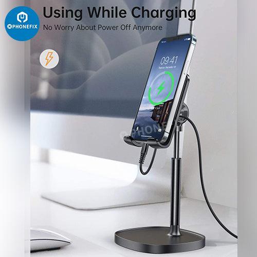 Blue PHONEFIX multi-function adjustable metal stand holder for phone and tablet repair, supporting hands-free viewing.