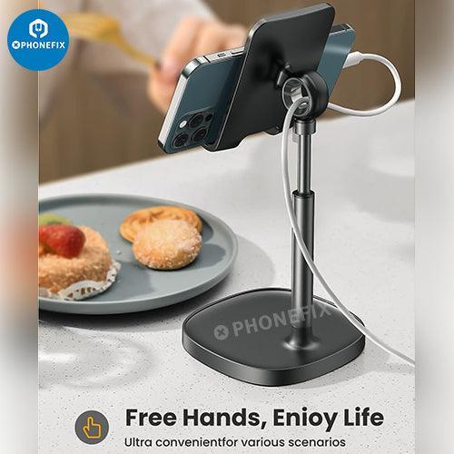 Blue multi-function adjustable metal stand holder for phones and tablets, designed by PHONEFIX for repair and display.