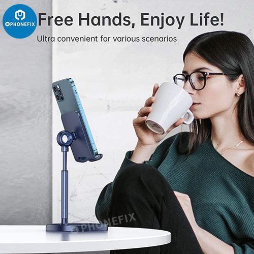 Blue PHONEFIX multi-function adjustable metal stand holder for phone and tablet repair, supporting device display and stability.
