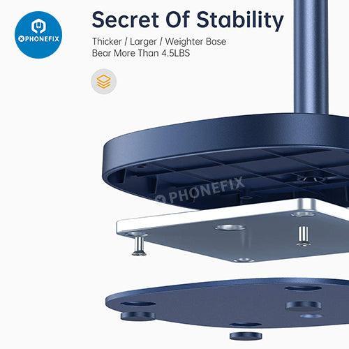 Blue PHONEFIX multi-function adjustable metal stand holder for phone and tablet repair, supporting secure device positioning.