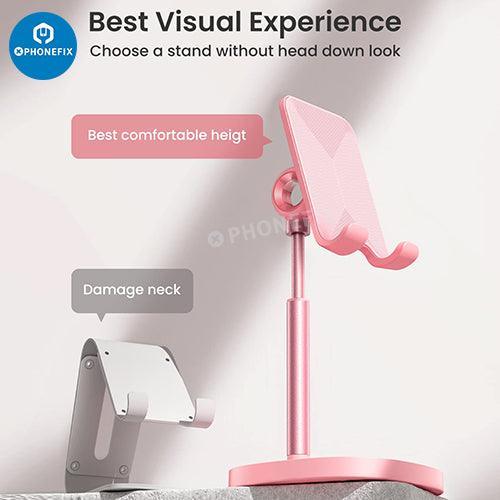 Blue metal adjustable stand holder for phones and tablets, designed by PHONEFIX for repair and easy device positioning.
