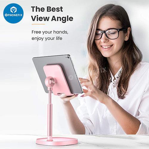 Blue multi-function adjustable metal stand holder for phones and tablets, designed for repair and hands-free use.