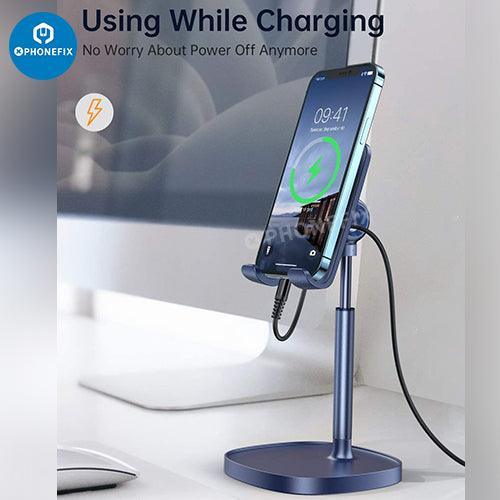 Blue PHONEFIX multi-function adjustable metal stand holder for phones and tablets, ideal for repair and display.