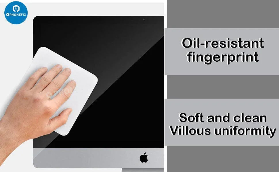 Microfiber polishing cloth for cleaning phone, watch, and tablet screens, by PHONEFIX, ideal for screen care and maintenance.