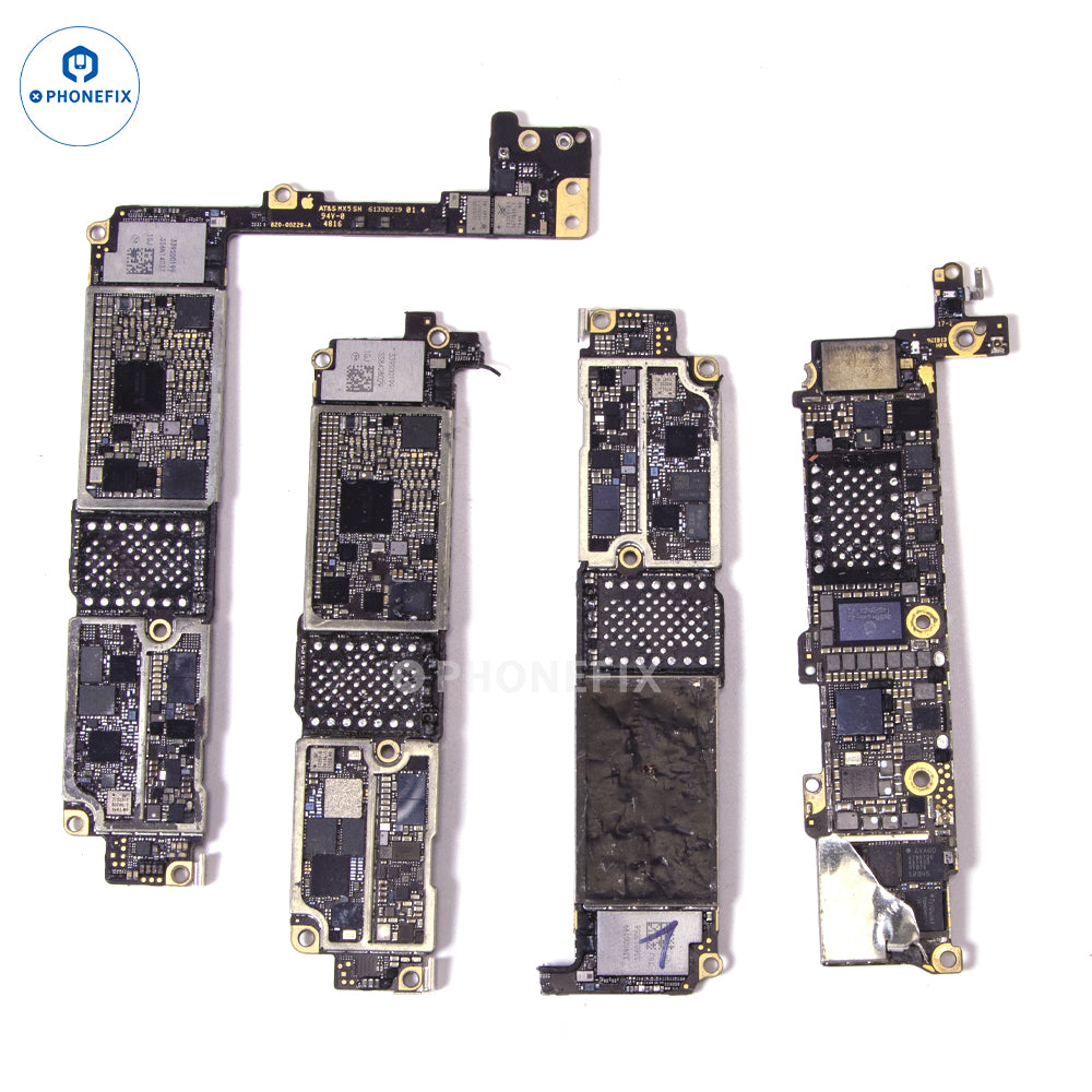 Damaged iPhone motherboard for repair practice, showing circuit board with visible chips and connectors, by PHONEFIX.