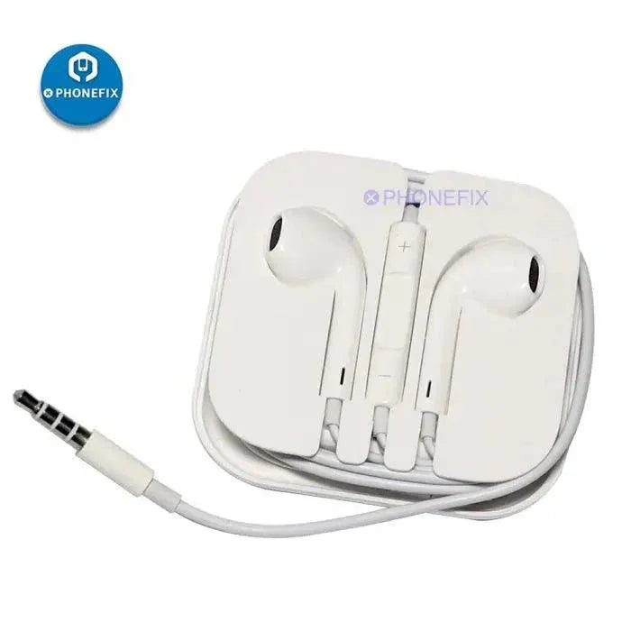 PHONEFIX EarPods with 3.5mm headphone plug for Android and iOS devices, showing the wired earphones and connector.