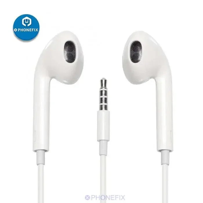 PHONEFIX EarPods with 3.5mm headphone plug for Android and iOS devices, showing the wired earphones with inline remote.