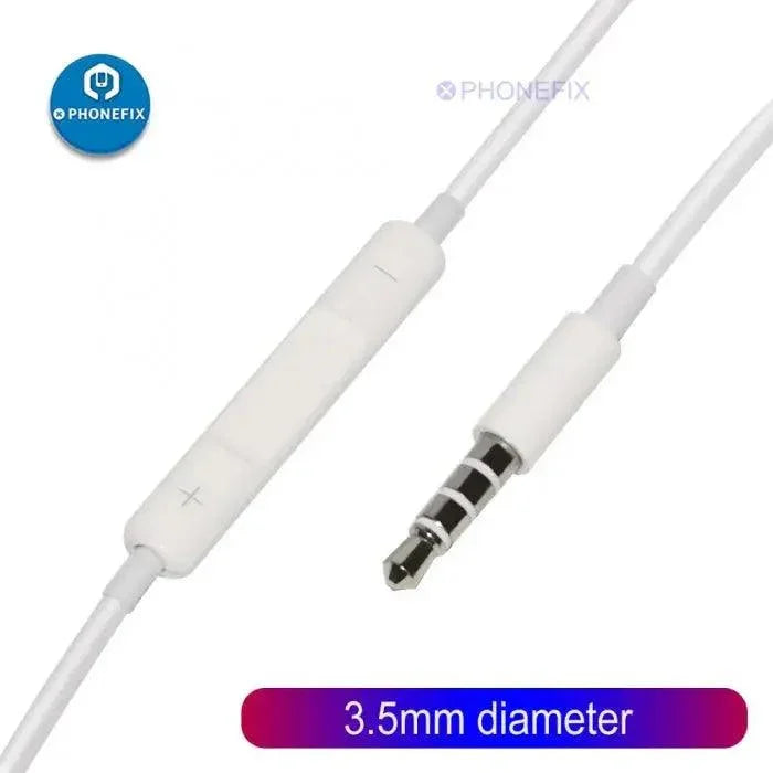 PHONEFIX EarPods with 3.5mm headphone plug for Android and iOS devices, showing the wired earbud design and connector.