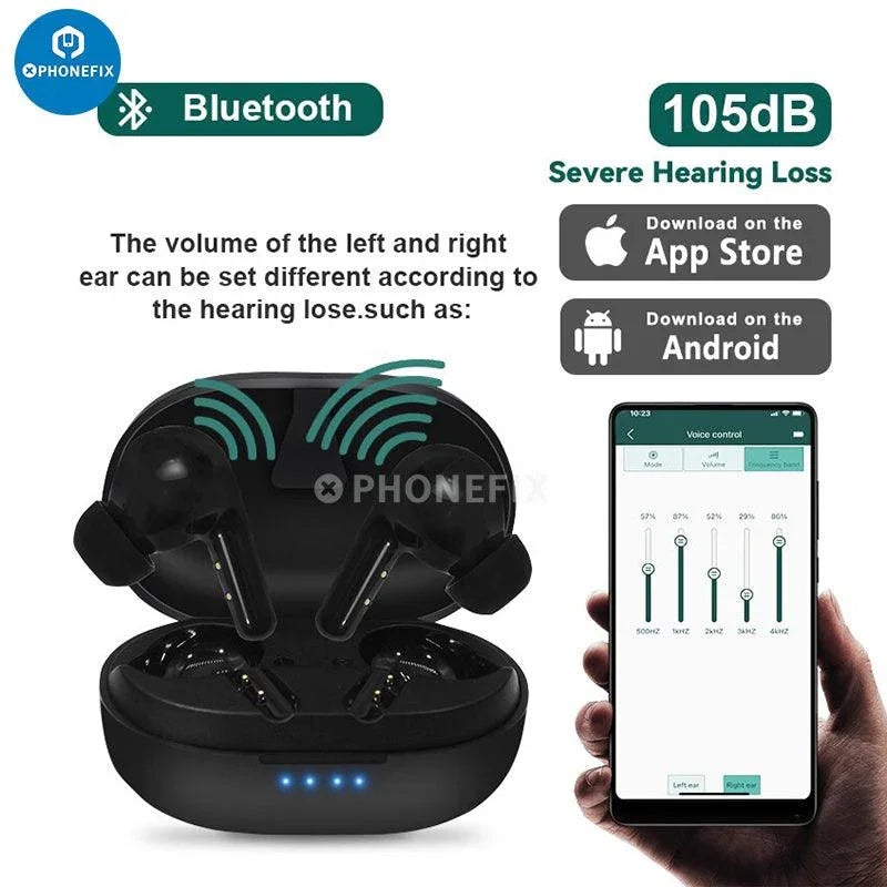 Rechargeable Bluetooth hearing aid for moderate hearing loss from PHONEFIX, shown with charging case and controls.