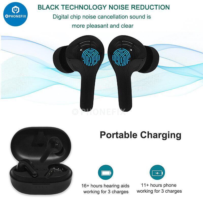 Rechargeable Bluetooth hearing aid for moderate hearing loss by PHONEFIX, shown with charging case and user wearing the device.