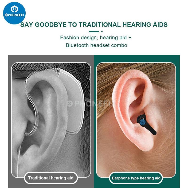 Rechargeable Bluetooth hearing aid for moderate hearing loss, branded PHONEFIX, with sleek design and accessible controls.