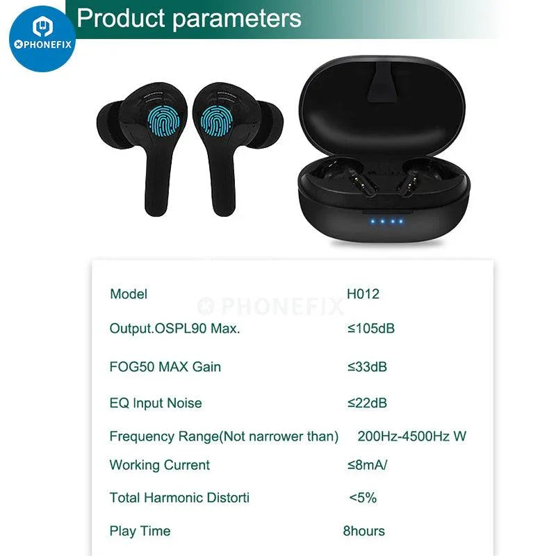 Rechargeable Bluetooth hearing aid by PHONEFIX designed for moderate hearing loss, shown in a sleek, compact accessory device.
