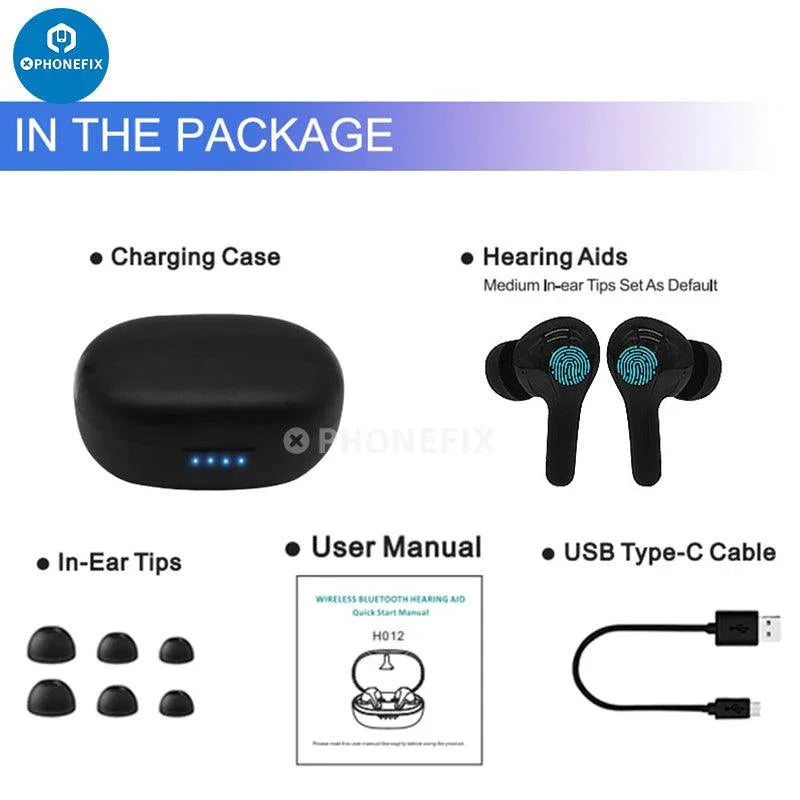Rechargeable Bluetooth hearing aid for moderate hearing loss, designed for phone and accessory use by PHONEFIX.
