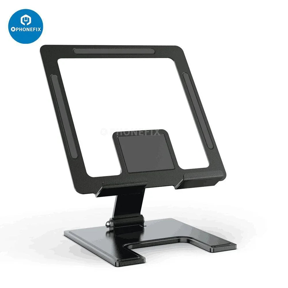 Adjustable PHONEFIX portable mobile phone and tablet desktop stand showing a phone and tablet in landscape orientation.