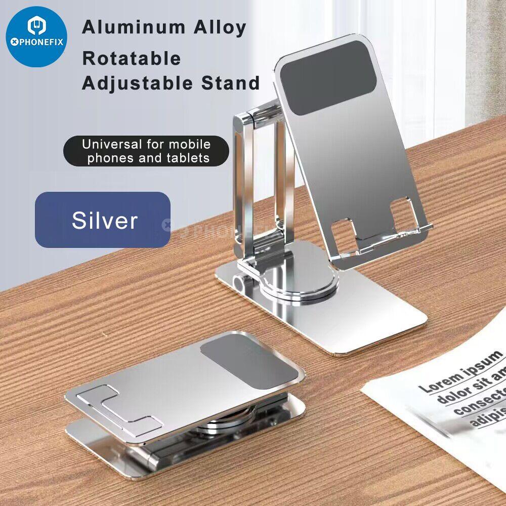 Adjustable PHONEFIX portable phone and tablet desktop stand showing a sleek black holder with flexible angles for hands-free use.
