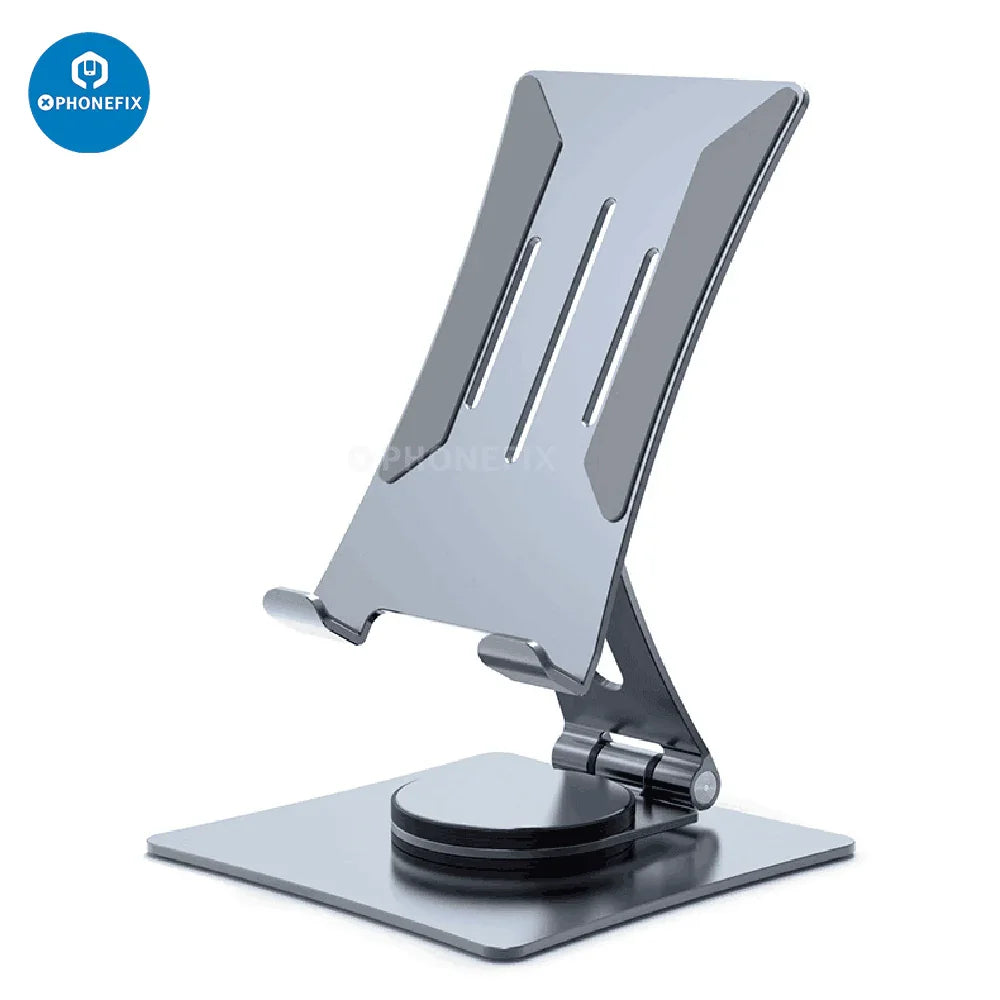 Adjustable PHONEFIX portable stand holding a mobile phone and tablet on a desktop surface.