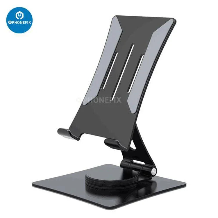 Adjustable PHONEFIX portable mobile phone and tablet desktop stand, featuring a secure holder for hands-free viewing.