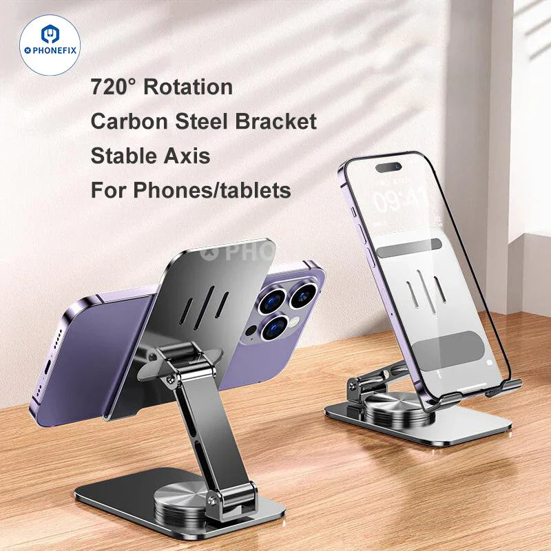 PHONEFIX aluminum alloy rotating bracket for phone and tablet, adjustable silver holder with 360-degree rotation.
