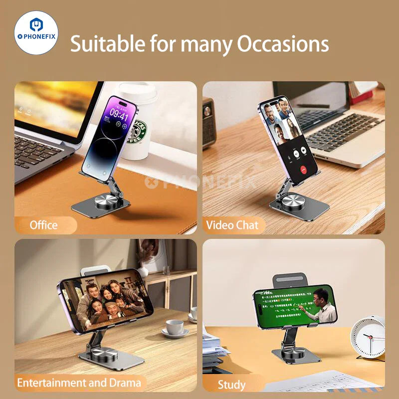 Silver aluminum alloy rotating bracket holder for phone and tablet, adjustable, by PHONEFIX, compatible with various devices.
