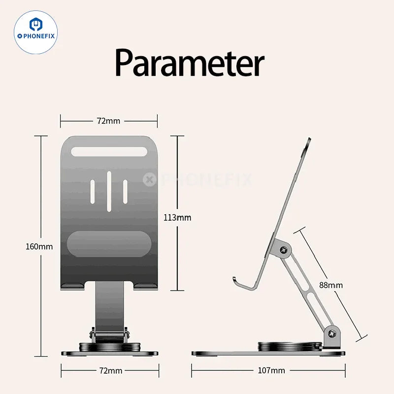 Silver aluminum alloy rotating bracket for phone and tablet, adjustable holder from PHONEFIX with 360-degree rotation.