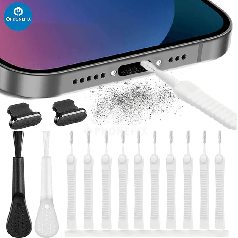 PHONEFIX 13-in-1 phone charging port dust plug and PC keyboard cleaning tool kit, versatile accessories for device maintenance.