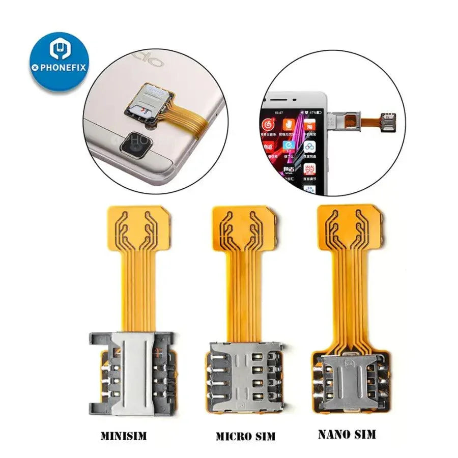 PHONEFIX SIM slot dual extension cable for Nano, Micro, and Mini SD cards, compatible with phone accessories.