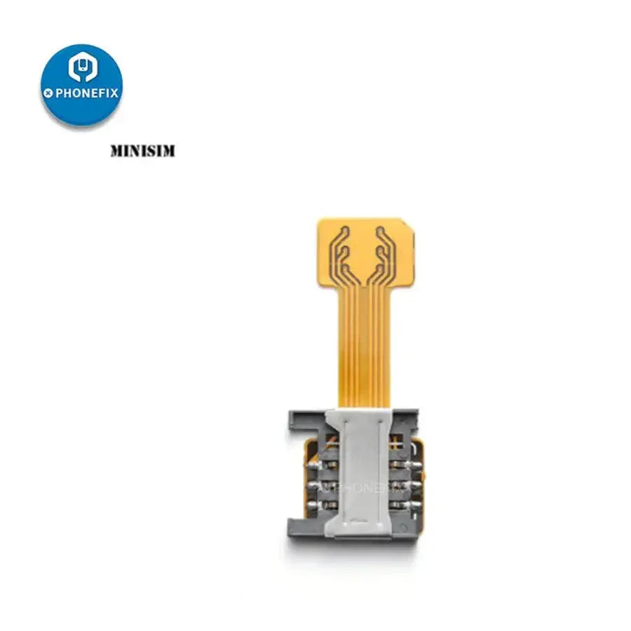 PHONEFIX dual SIM slot extension cable with nano, micro, and mini SD adapters for mobile phones, showing the cable and adapters.