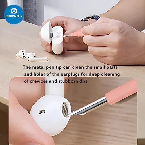 Stylo de nettoyage PhoneFIX avec brosse douce pour AirPods, téléphones et ordinateurs portables, outil de nettoyage électronique compact en noir et blanc.