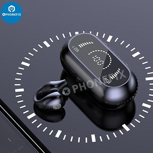 White PHONEFIX S03 wireless Bluetooth headset with sports earplug, multifunctional design, shown with screen display.