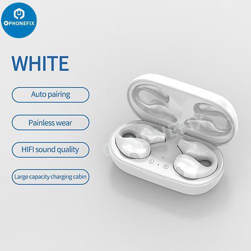White PHONEFIX S03 wireless Bluetooth headset with sports earplugs, multifunctional design, and in-ear earphone for phone accessories.