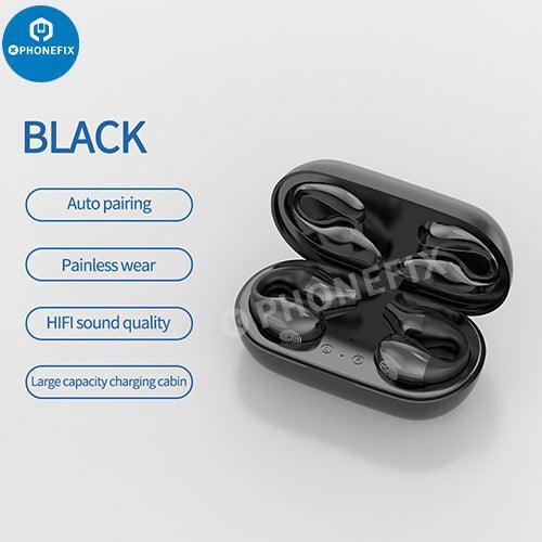 White PHONEFIX S03 wireless Bluetooth headset with sports earplugs, multifunctional design, suitable for phone and accessories.