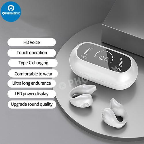 White PHONEFIX S03 wireless Bluetooth headset with sports earplugs, designed for versatile phone accessory use.