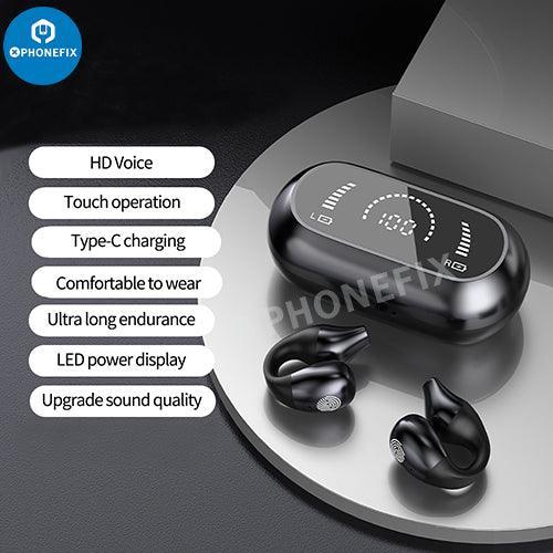 Wireless Bluetooth headset by PHONEFIX with sports earplugs, shown with a white screen, designed for versatile phone accessories.