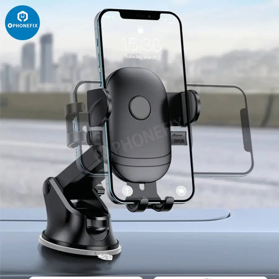 PHONEFIX car phone holder mounted on dashboard air vent, securely holding smartphone for easy access and hands-free use.