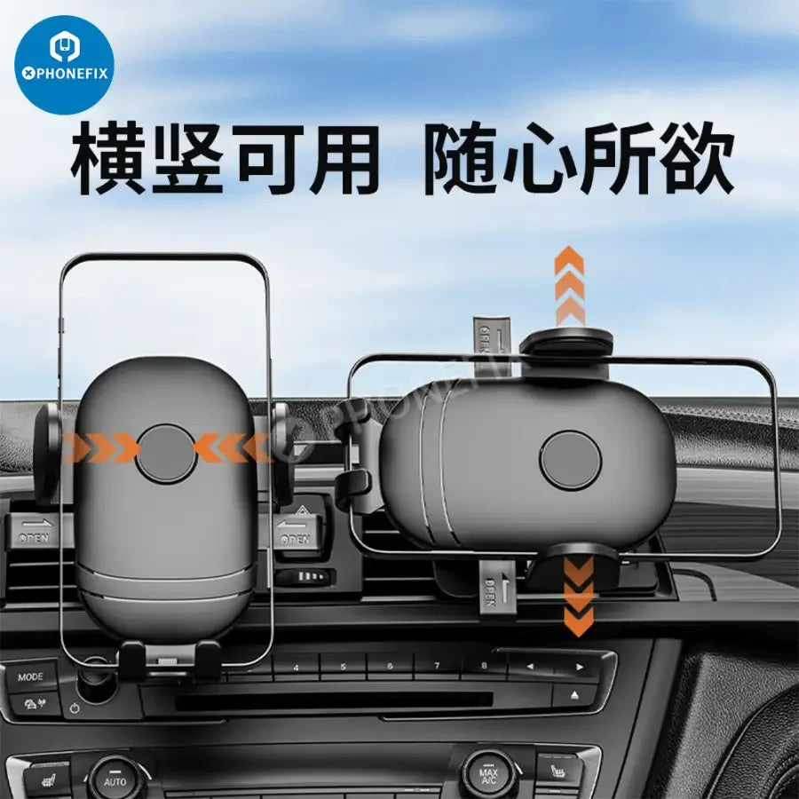 PHONEFIX car phone holder mounted on dashboard air vent for smartphone security and easy access during driving.
