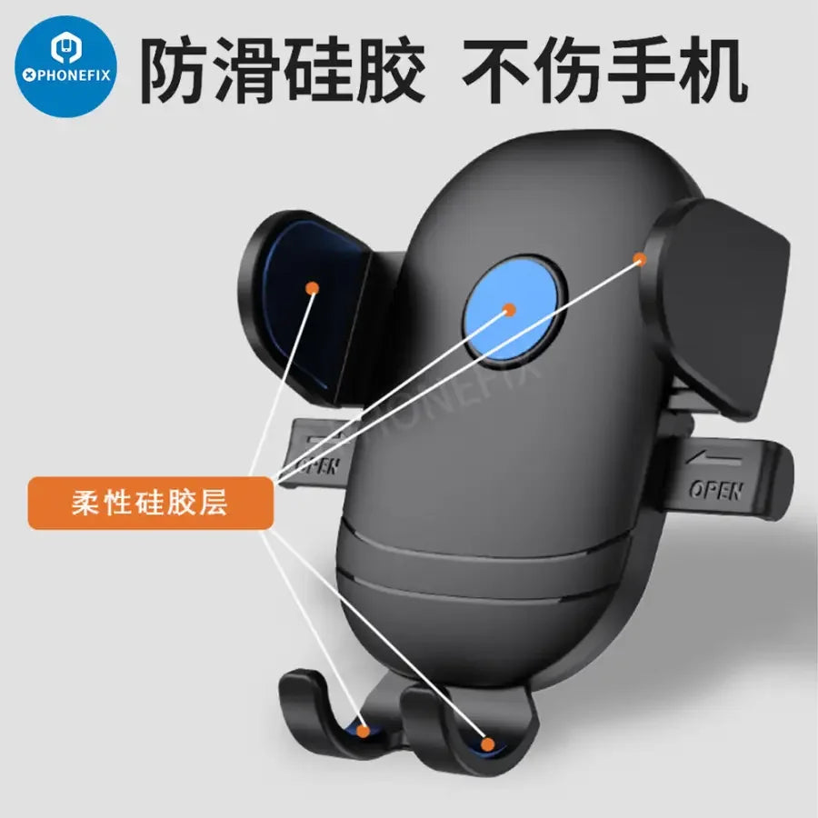 PHONEFIX car phone holder for dashboard and air vent, smartphone mount with secure grip and easy access in vehicle.