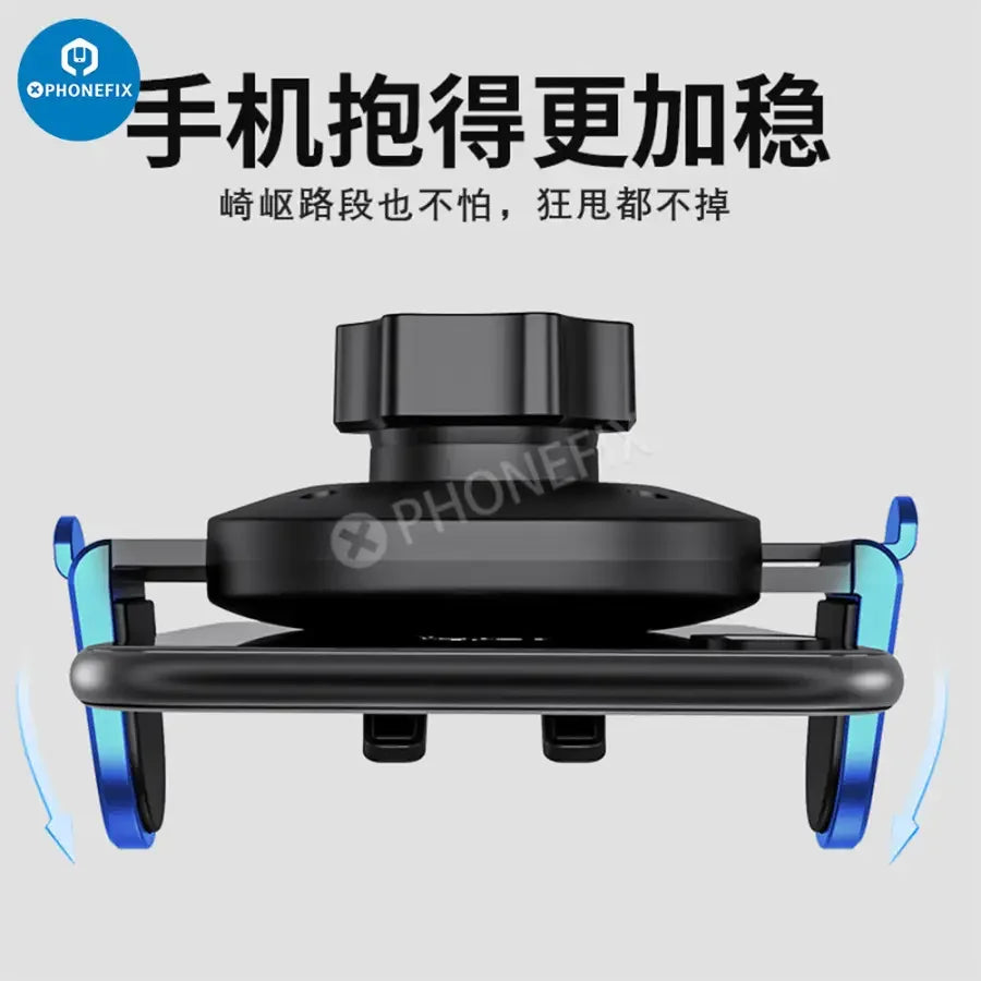 PhoneFIX car phone holder mounted on dashboard air vent, secure smartphone mount for hands-free use while driving