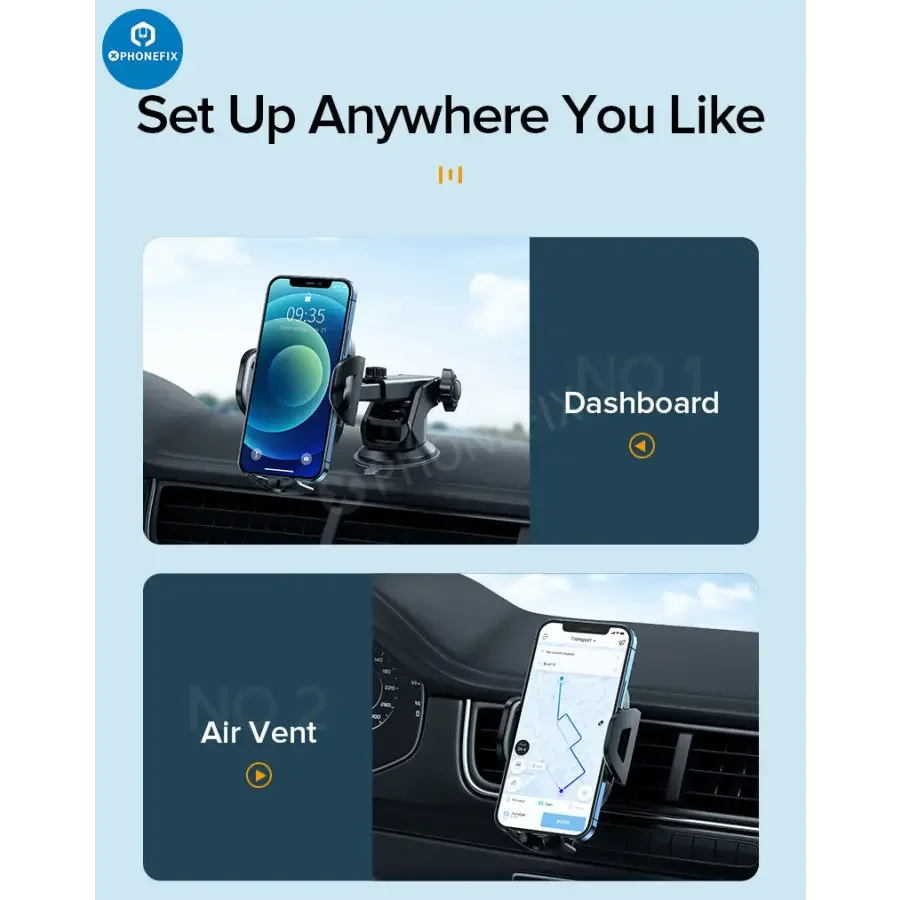 PhoneFIX car phone holder mounted on dashboard air vent, holding smartphone securely for easy access while driving.