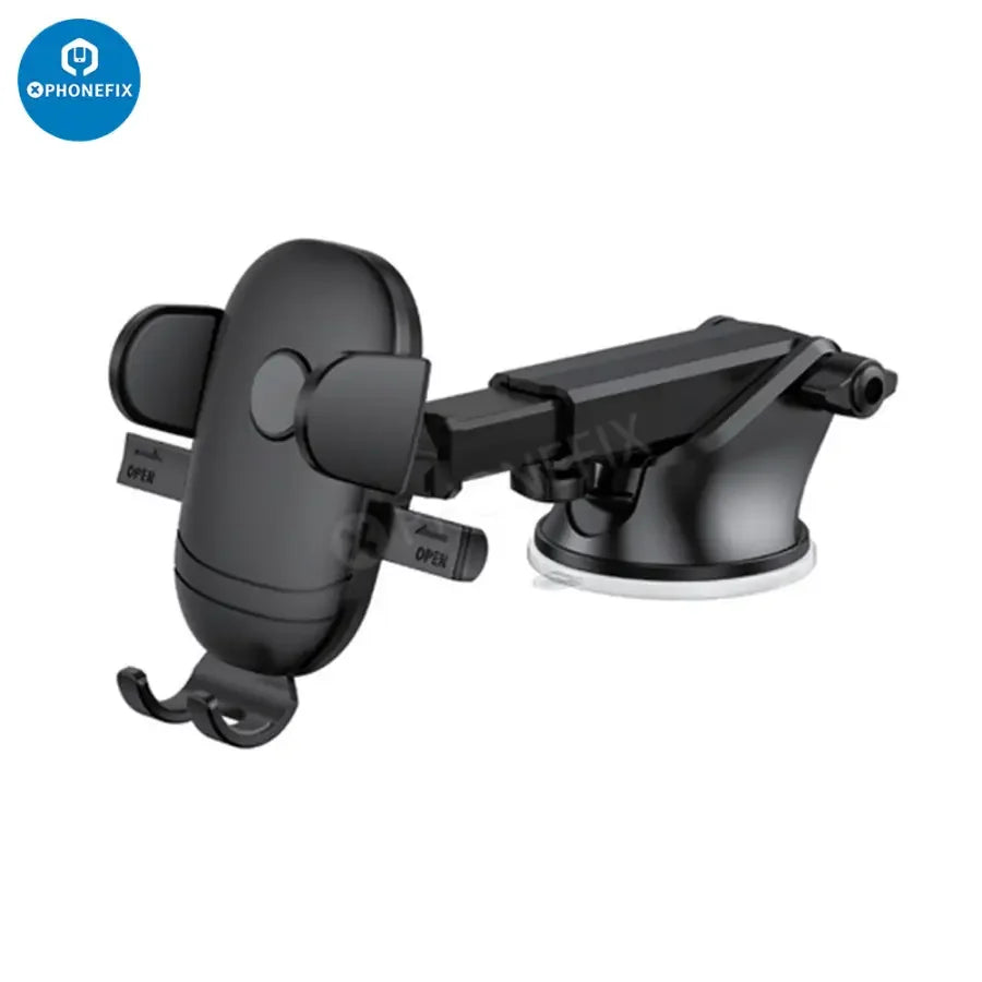 PhoneFIX car phone holder mounted on dashboard air vent for smartphone securely held in place.