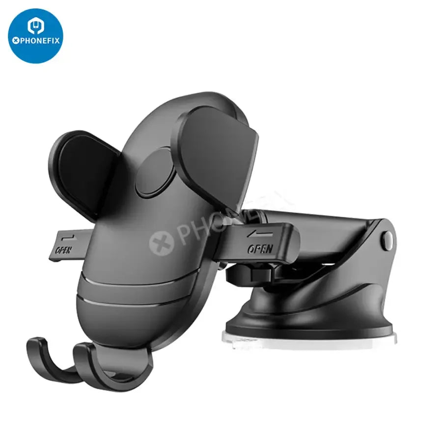 PHONEFIX car phone holder mounted on dashboard air vent, securing smartphone for easy access while driving.