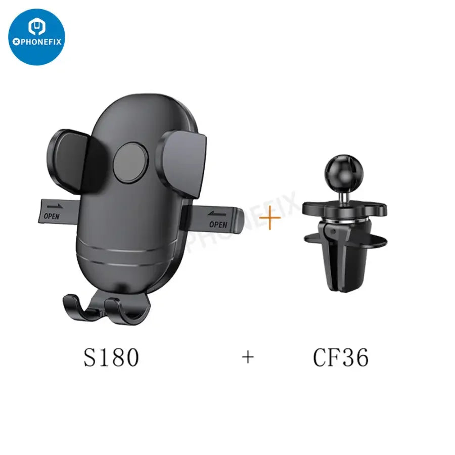 PHONEFIX car phone holder mounted on dashboard air vent, holds smartphone securely for easy access while driving