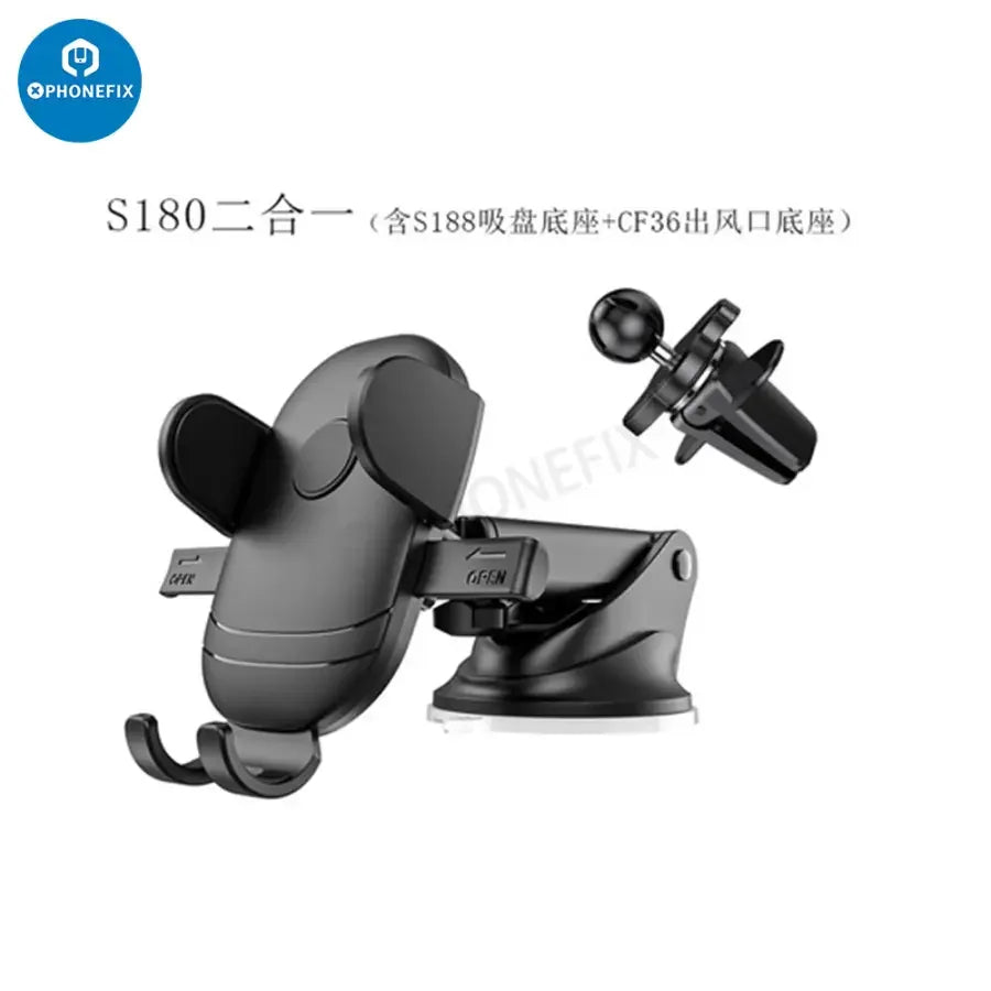 PHONEFIX car phone holder mounted on dashboard air vent, secure smartphone mount for easy access while driving.