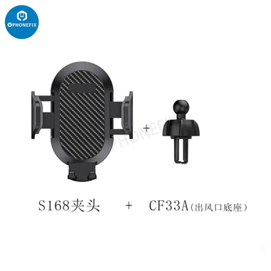 PhoneFIX car phone holder mounted on dashboard air vent, holding a smartphone securely for easy access and navigation.