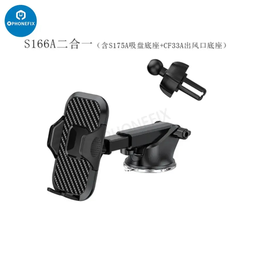 PhoneFIX car phone holder mounted on dashboard air vent for secure smartphone access during driving.