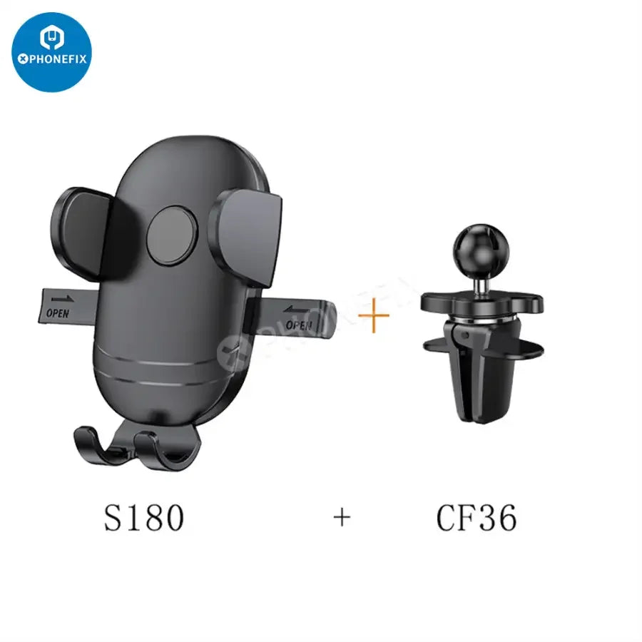 PhoneFIX car phone holder mounted on dashboard air vent, secure smartphone mount for easy access while driving.