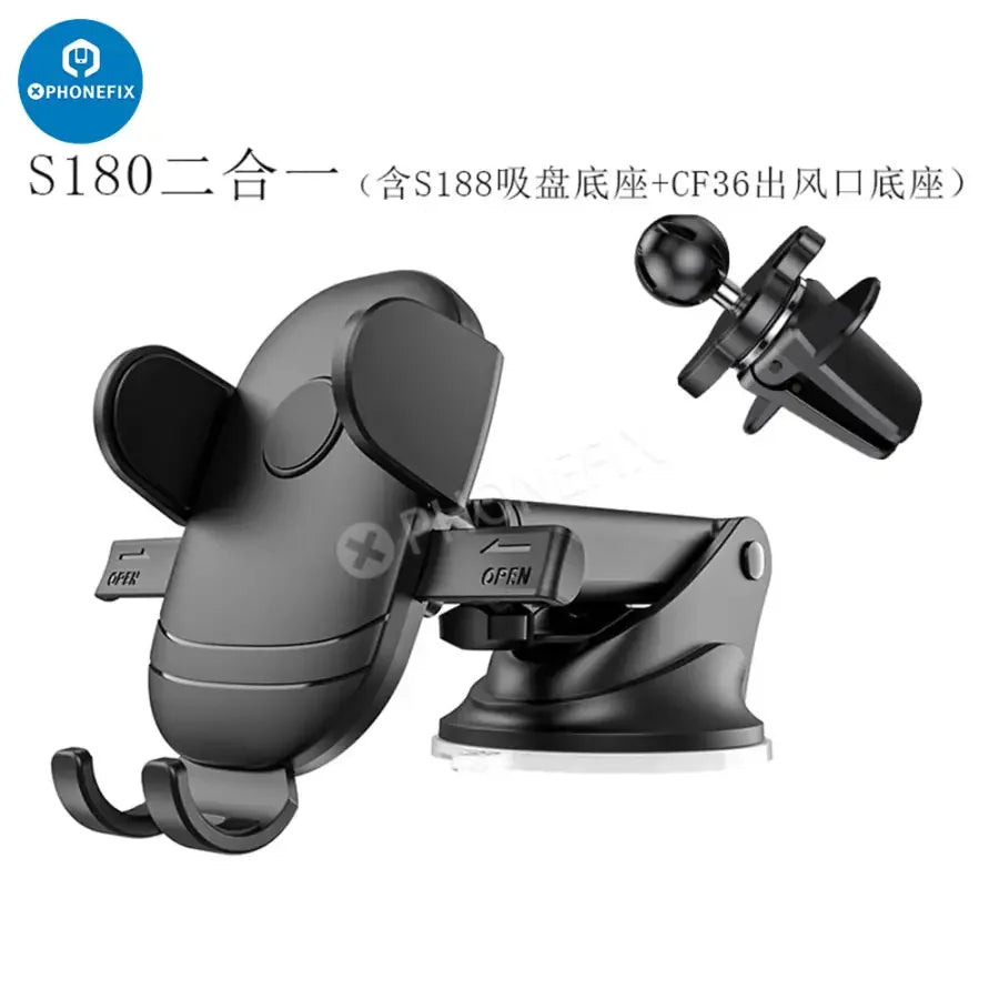 PHONEFIX car phone holder mounted on dashboard air vent, securing smartphone for hands-free use during drives.