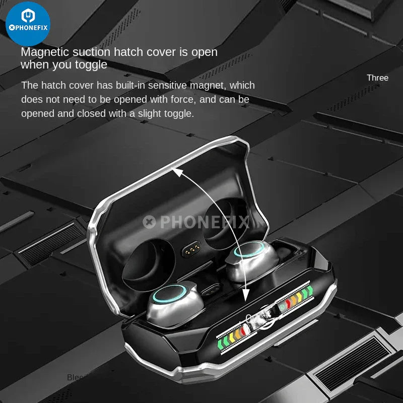 PHONEFIX M43 wireless Bluetooth headphones with touch control, shown with earphones and control panel for phone accessories.